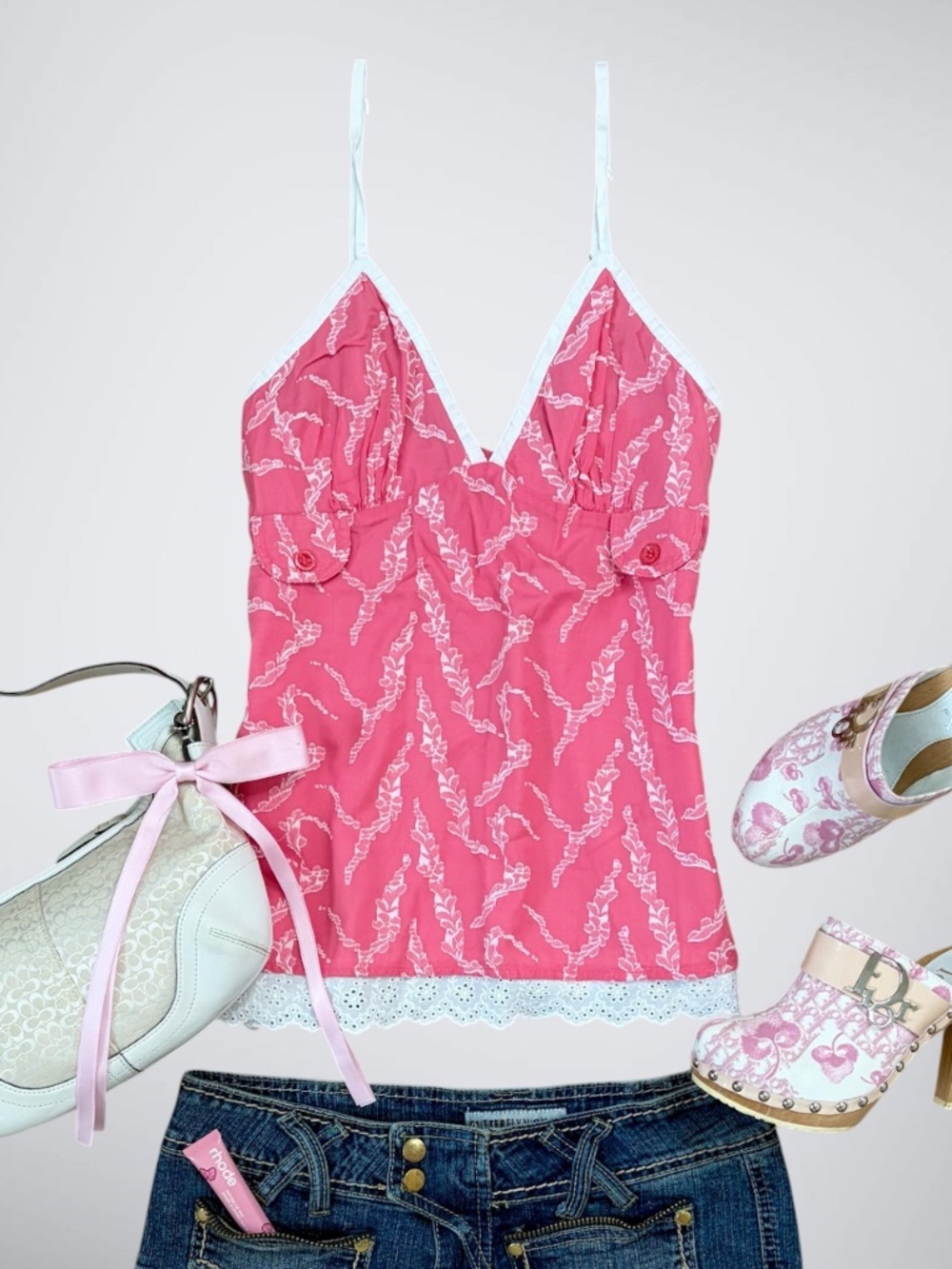 Y2K Guess Pink & White Milkmaid Babydoll Ruffle Trim Cami Top
